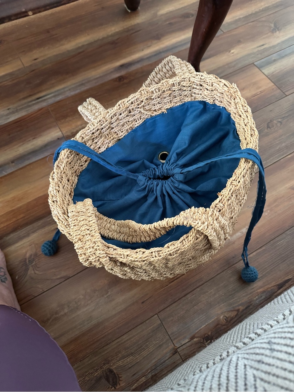 Woven Straw Tote Bag with blue Drawstring Liner